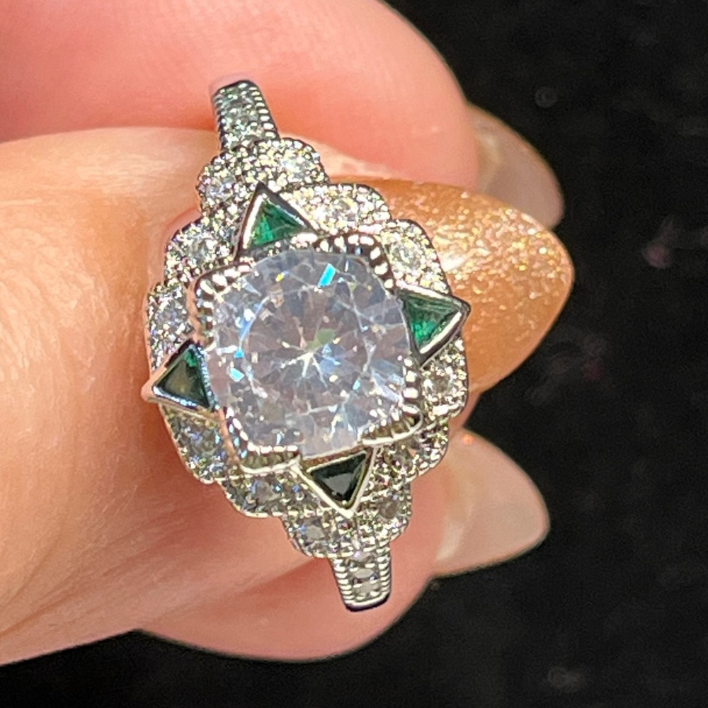 Romantic art deco style silver ring, sterling. green and white stones